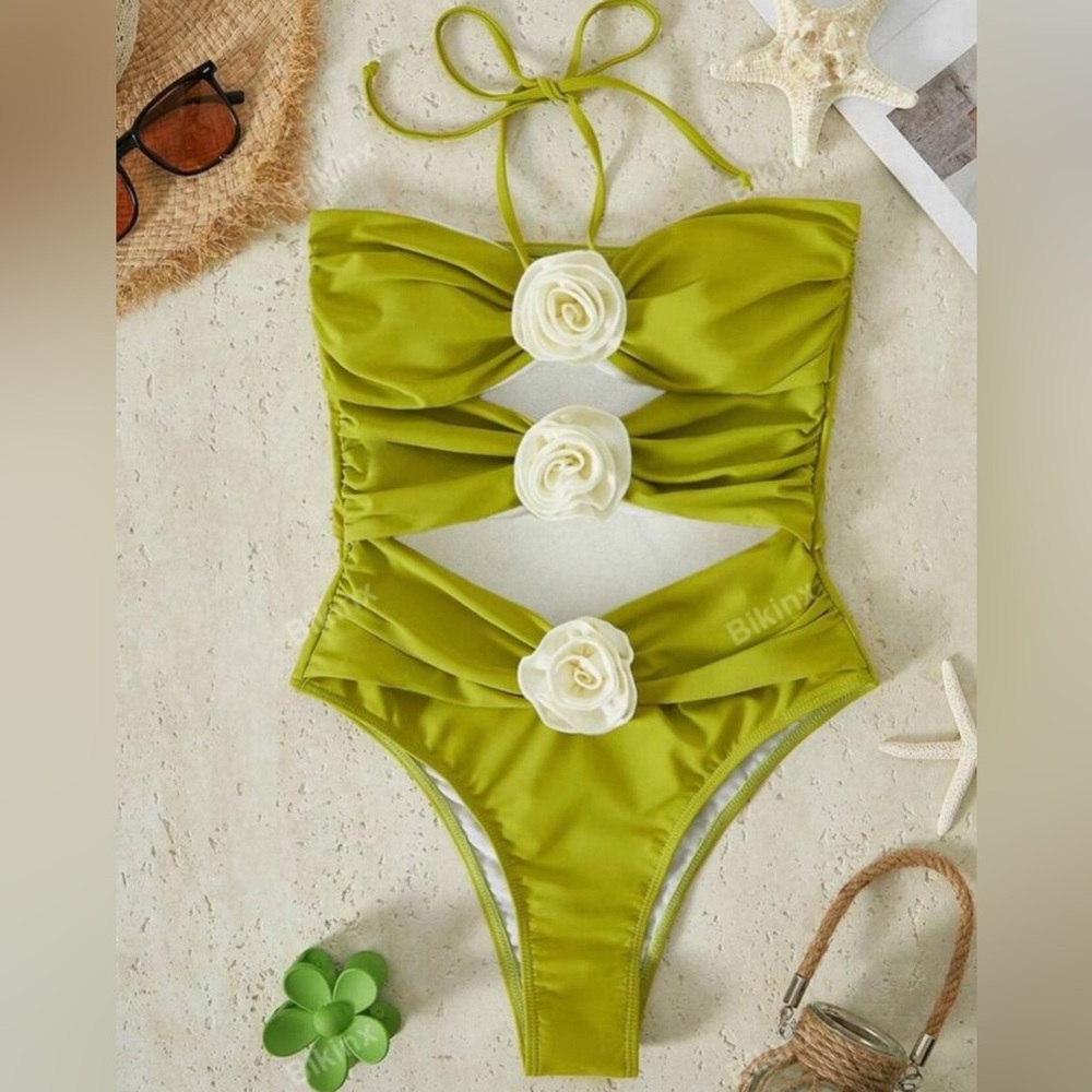 Green One-Piece Swimsuit with Floral Accents